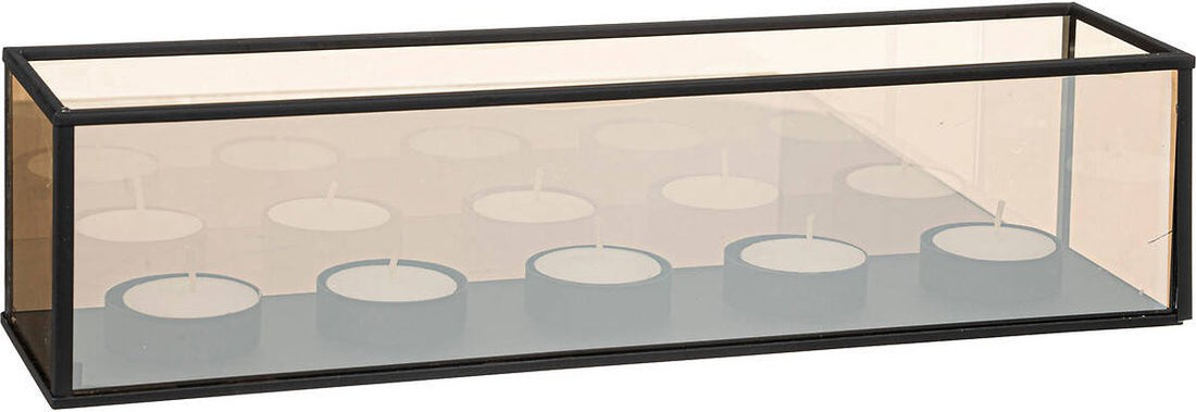 Theelichthouder INFINI met 5 theelichtjes – glas en zwart metaal, 34 x 8 cm