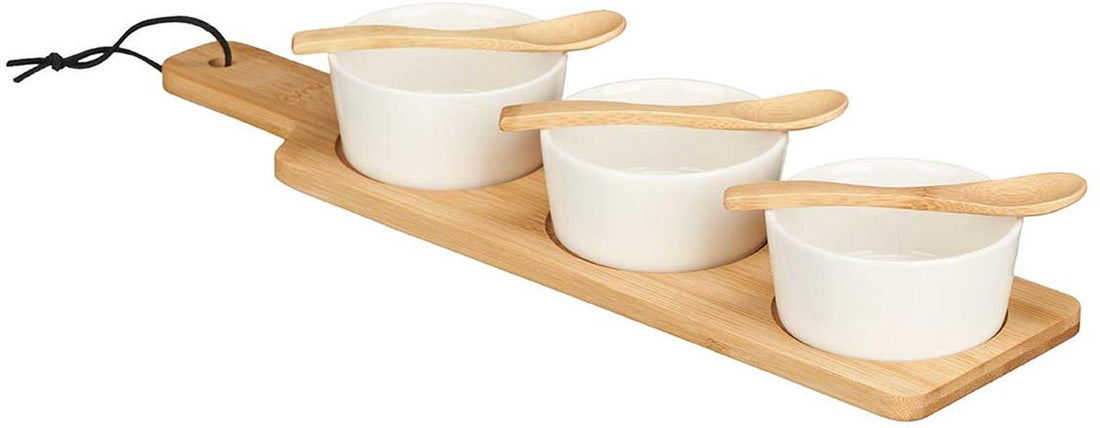 Kinvara borrelplank met schaaltjes – 7-delig, bamboe en porselein