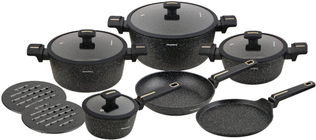 Klausberg 12-Piece Cookware Set - Black Marble Non-Stick Coating - Suitable for Induction - Includes Pots and Lids - KB-7966 - Pan Set - Cooking Set