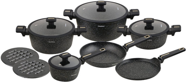 Klausberg 12-Piece Cookware Set - Black Marble Non-Stick Coating - Suitable for Induction - Includes Pots and Lids - KB-7966 - Pan Set - Cooking Set