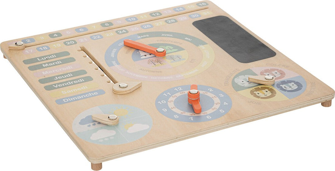 Houten leerklok en kalender in het Frans – dagen, maanden, weer en tijd
