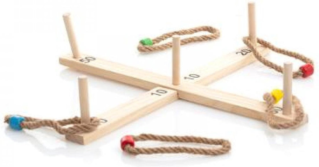 Houten ringwerpspel (ringgooispel) – 5 paaltjes en 5 touwringen, vanaf 5 jaar