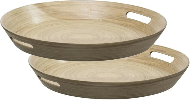 2 plateaux/plats de service ronds D42 cm bambou marron avec poignées - Plats de service, plateaux et ustensiles de cuisine