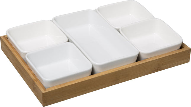 Secret de Gourmet bamboo porcelain appetizer set - 6 bowls + wooden tray