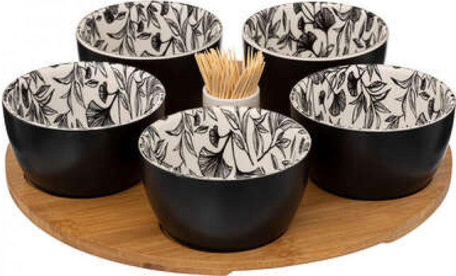 Aperitiefset zwart met bloem. 28 cm Secret de gourmet