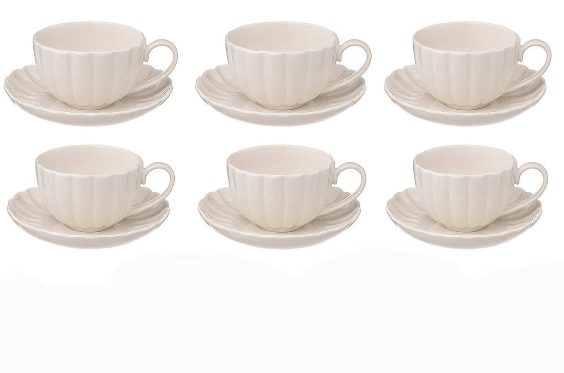 Witte porseleinen koffiekopjes met schotel – set van 6, 22 cl, geribbeld