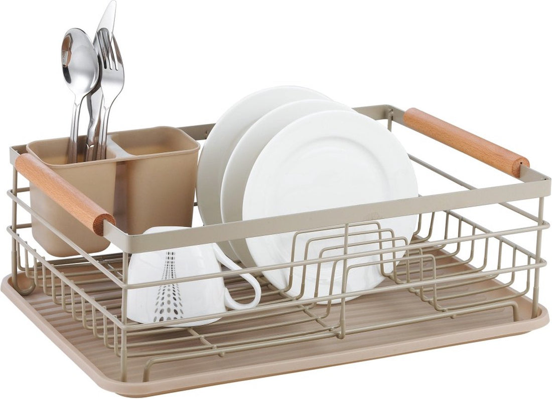 Kinghoff 1800 afdruiprek met bamboe handvatten – beige, staal en kunststof
