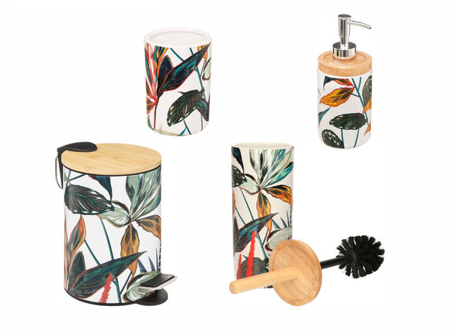 Bathroom Toilet Set Palawan Style – Includes Waste Bin, Toilet Brush, Soap Dispenser & Toothbrush Holder – White/Silver – Modern & Stylish – 4-Piece