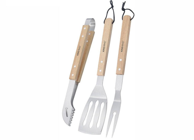Kinghoff KH-1918 BBQ-set: tang, spatel en vork van RVS met houten grepen