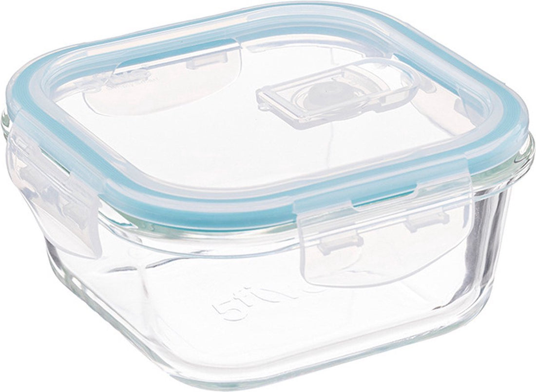 Lot de 5 boîtes repas en verre cristallin – Récipients de conservation de 330 ml avec bord bleu clair – Boîte repas en verre pour salade, snacks ou préparation de repas – 12 x 12 x 6,5 cm
