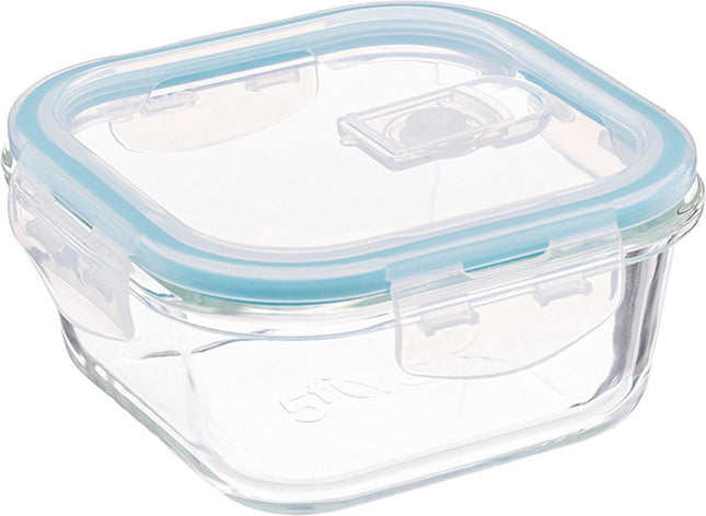 Set of 5 Crystal Glass Lunch Boxes – 330 ml Food Containers with Light Blue Rim – Glass Lunch Box for Salad, Snacks or Meal Prep – 12 x 12 x 6.5 cm