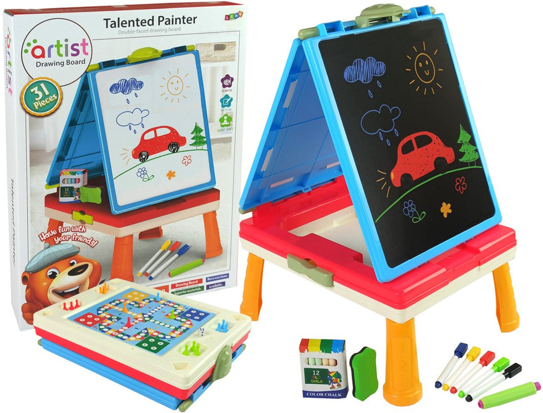 Leantoys 3-in-1 magnetisch krijtbord blauw – whiteboard en spelletjestafel