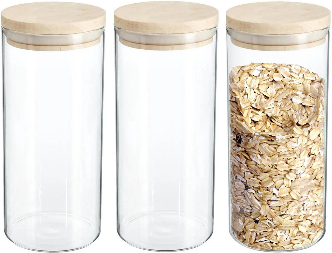 4x stuks voorraadbussen/voorraadpotten 1,3L glas met houten deksel - 1300 ml - Voorraadpotten met luchtdichte deksel