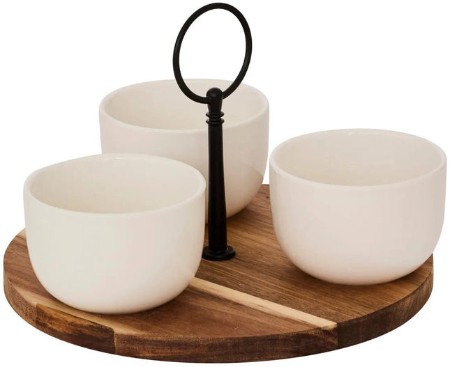 5Five serveerplank van acaciahout met 3 schaaltjes – Ø 20 cm, kleurenmix wit