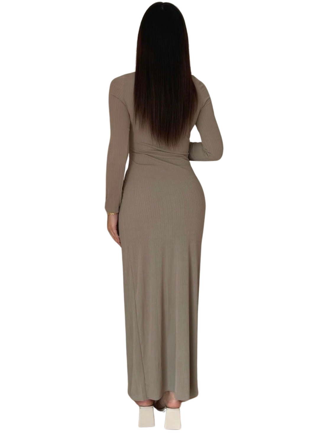 Donna Dress – damesjurk in taupe of olijfgroen, maat S, M en L – foto 2