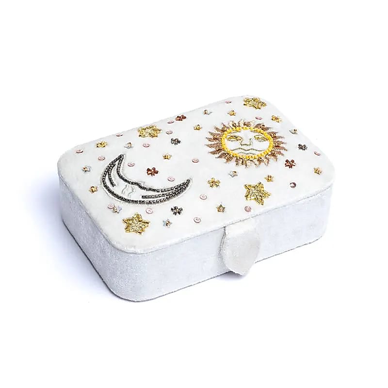 Jewelry / tarot box velvet white with sun and moon