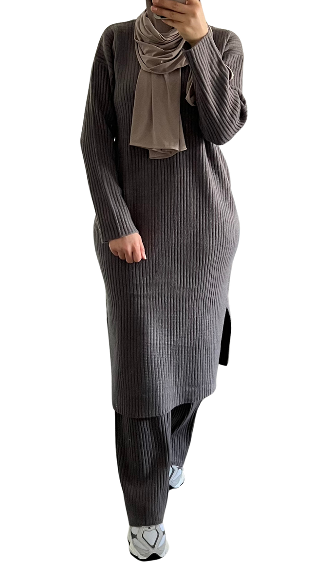 Lisa twinset – ribgebreide midi-jurk met wide leg broek, grijs of antraciet – foto 2