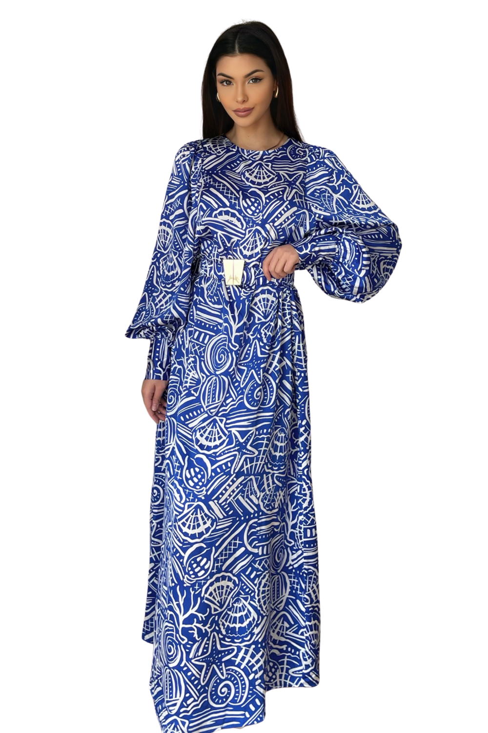 Liora Dress – lange zomerjurk met print, 143 cm, in blauw of groen