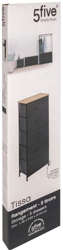 5Five Pisa Storage Cabinet - 5 baskets - grey - 45 x 30 x 114 cm - metal / wood / fabric - storage