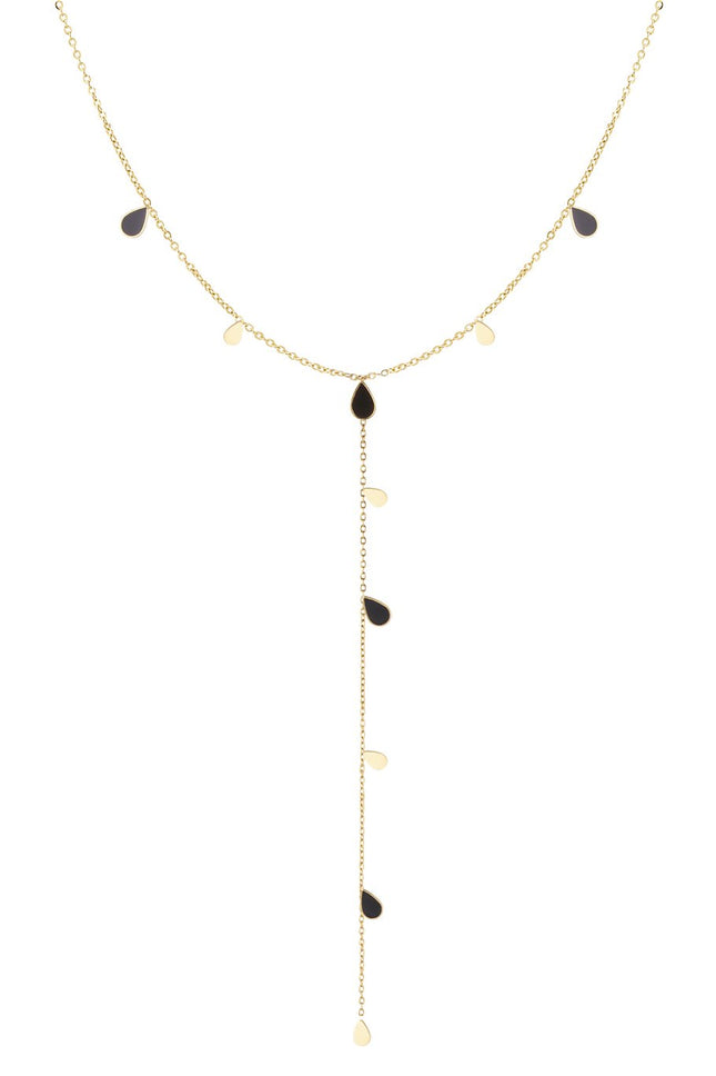 Lange ketting met zwarte emaille druppels – goudkleurig RVS, 45 + 5 cm