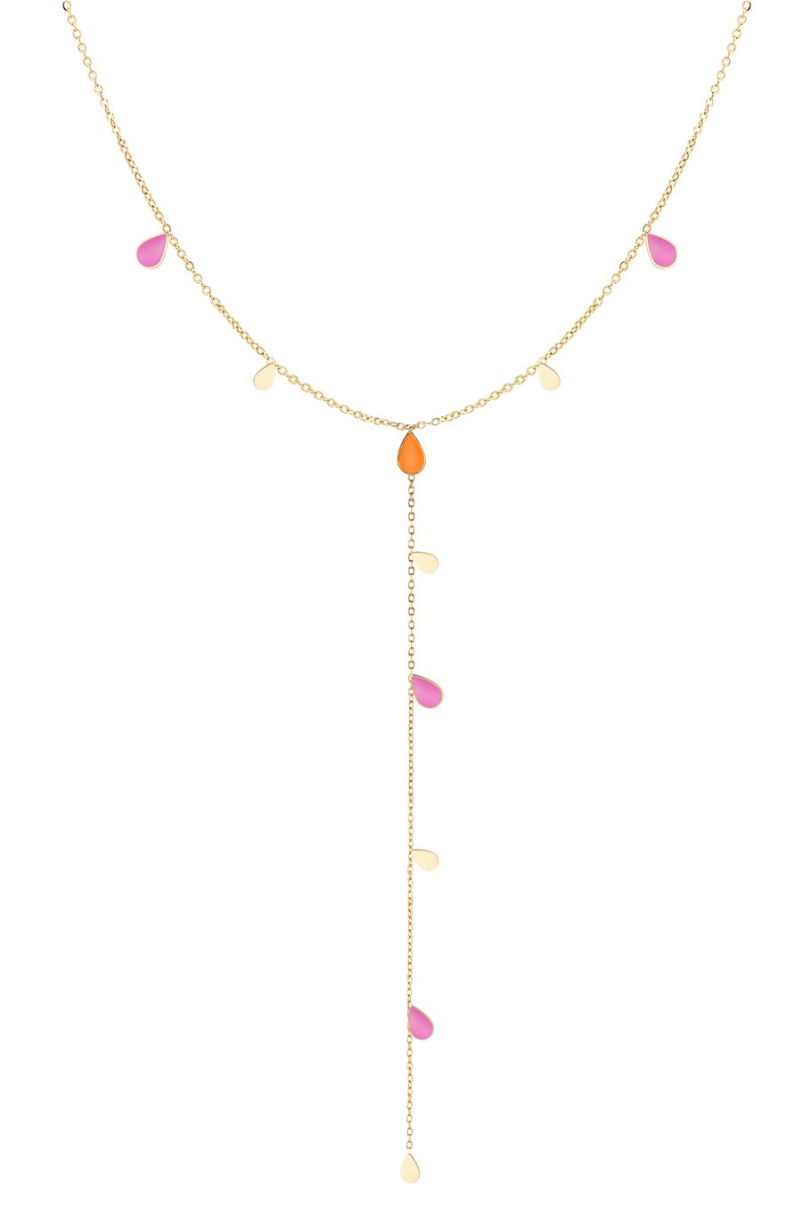 Lange emaille druppelketting goudkleurig – oranje/roze druppels, 45 + 5 cm