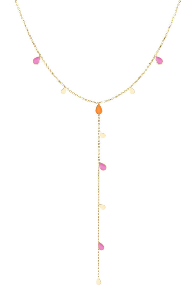 Lange emaille druppelketting goudkleurig – oranje/roze druppels, 45 + 5 cm