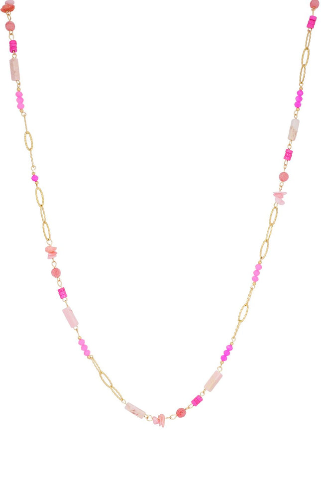 Lange gekleurde ketting dames – roze en paarse steentjes, goudkleurig, 90 cm