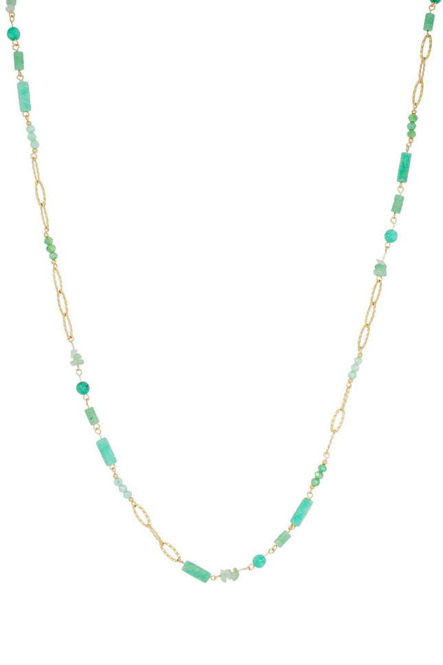 Lange ketting met groene steentjes – goudkleurig, 90 cm, RVS en kristal