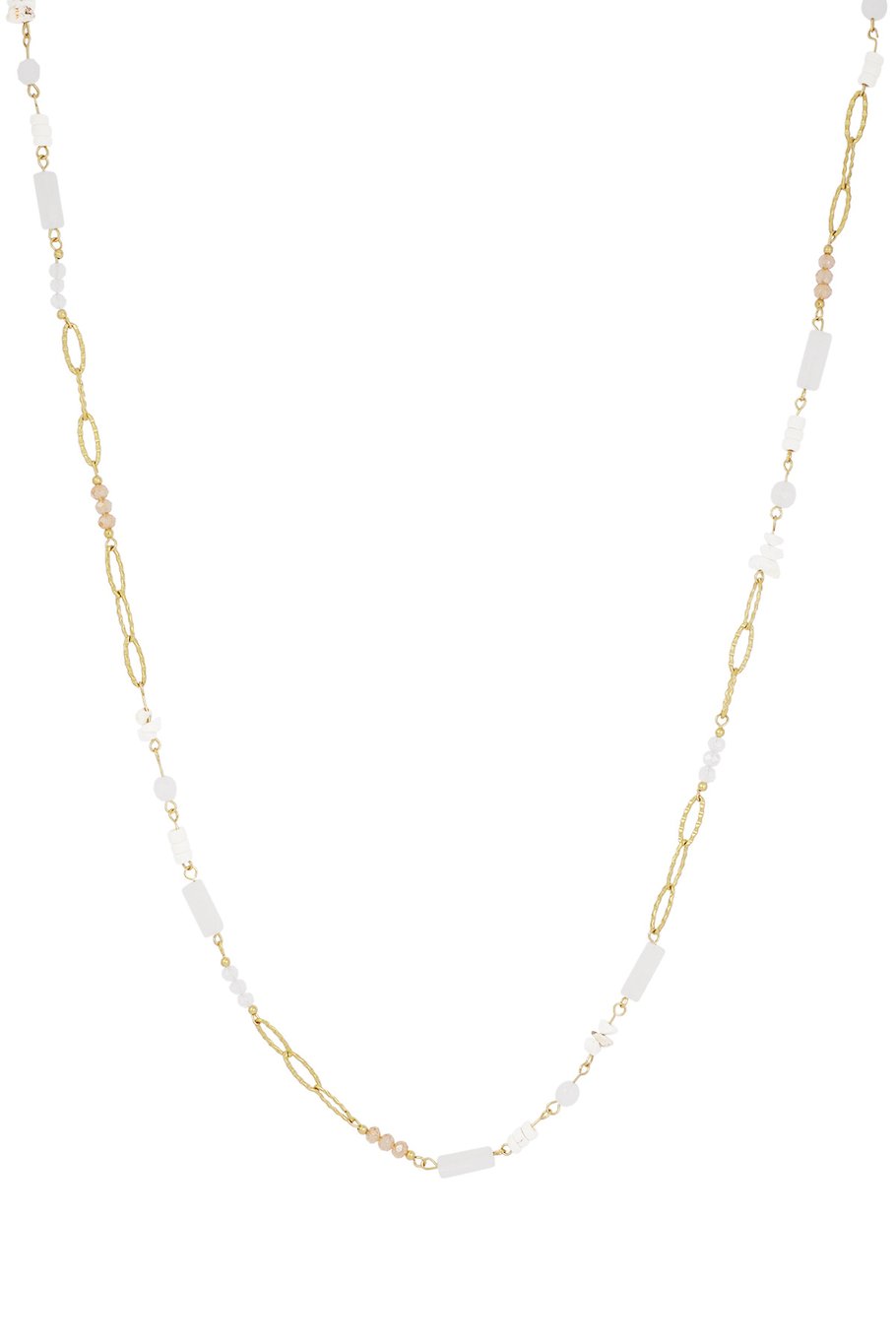 Lange ketting met witte steentjes – goudkleurig, 90 cm, kristal en RVS