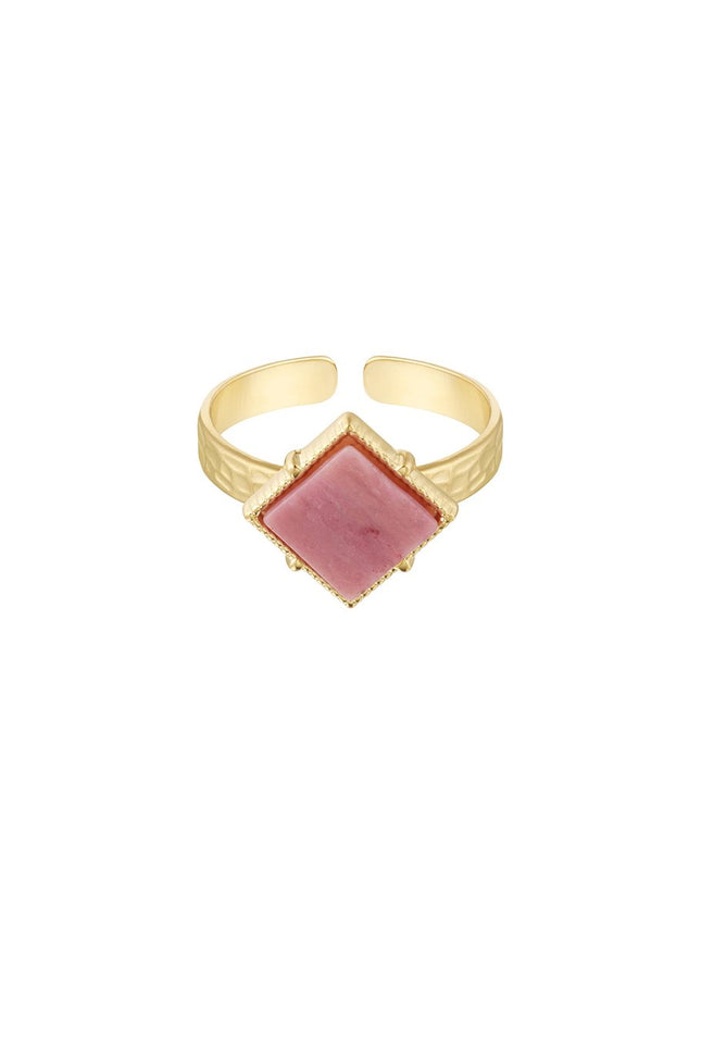 Goudkleurige open ring met roze ruitvormige steen – RVS, one size