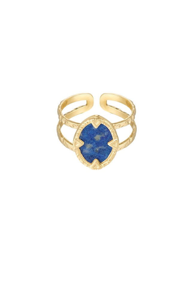 Goudkleurige ring met blauwe natuursteen – verstelbaar, roestvrij staal