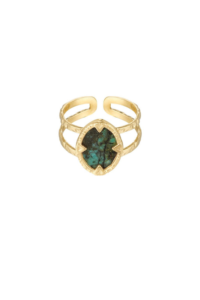 Goudkleurige ring met groene natuursteen – stainless steel, verstelbaar