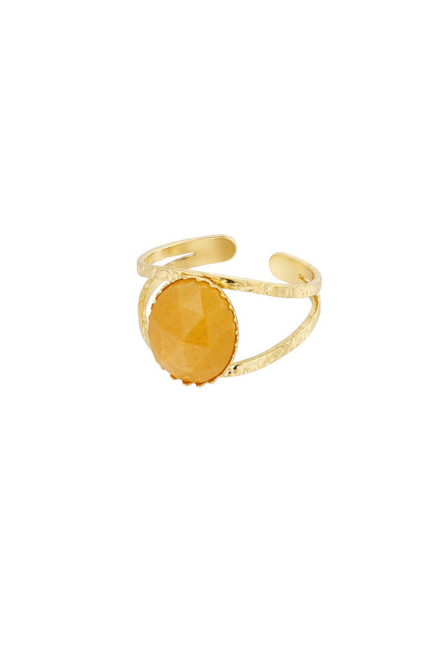 Open ring met ronde oranje natuursteen – goudkleurig, verstelbaar, one size