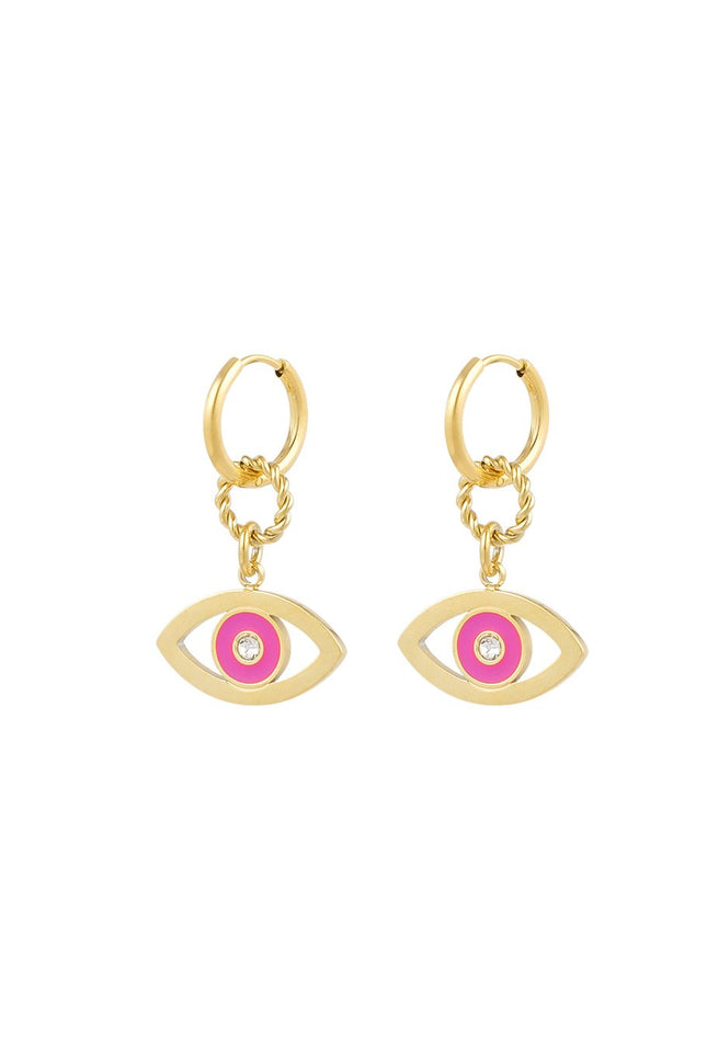 Oorbellen eye design, set van 2 – goudkleurig met roze enamel en strass