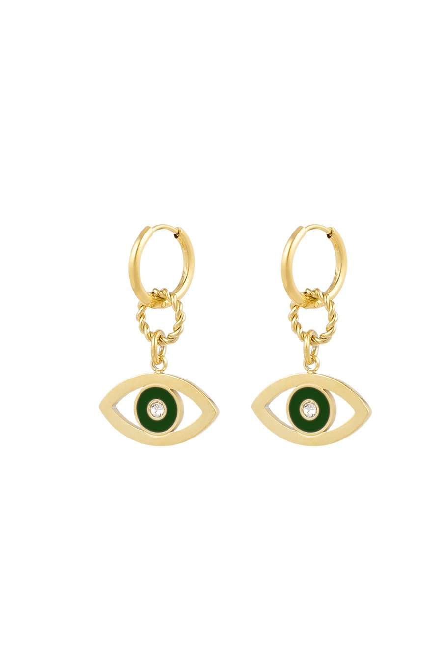 Oorbellen eye design – goudkleurig met groen emaille en strass, set van 2