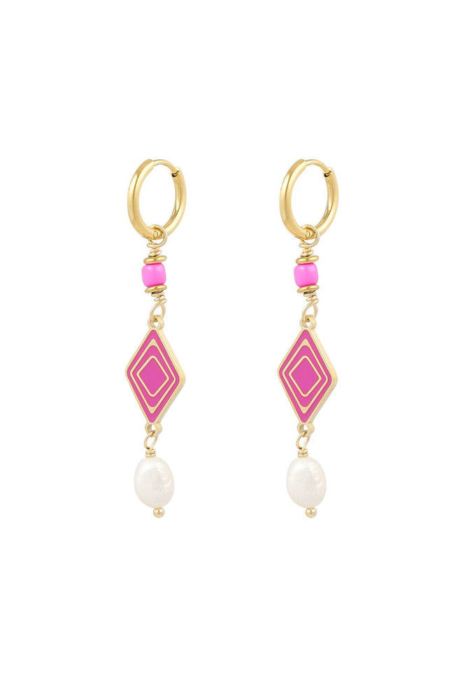 Set van 2 Oorbellen - Goudkleurige Ruit met Roze Enamel & Parel - 1, 5 x 5, 5 cm