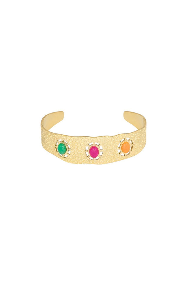Bohemian armband van goudkleurig stainless steel met 3 gekleurde steentjes