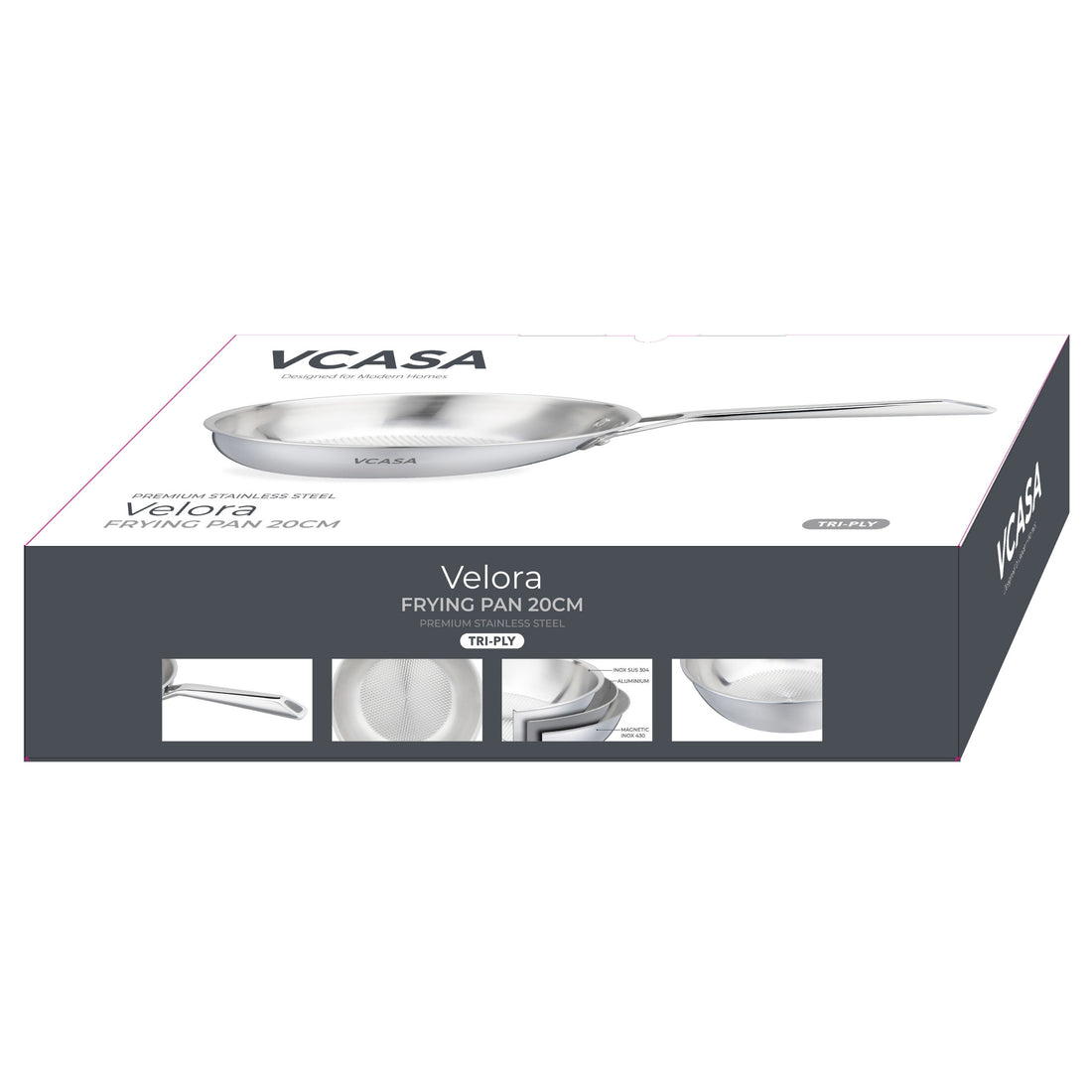 Vcasa rvs koekenpan 20 cm, tri-ply met honingraatstructuur, Velora