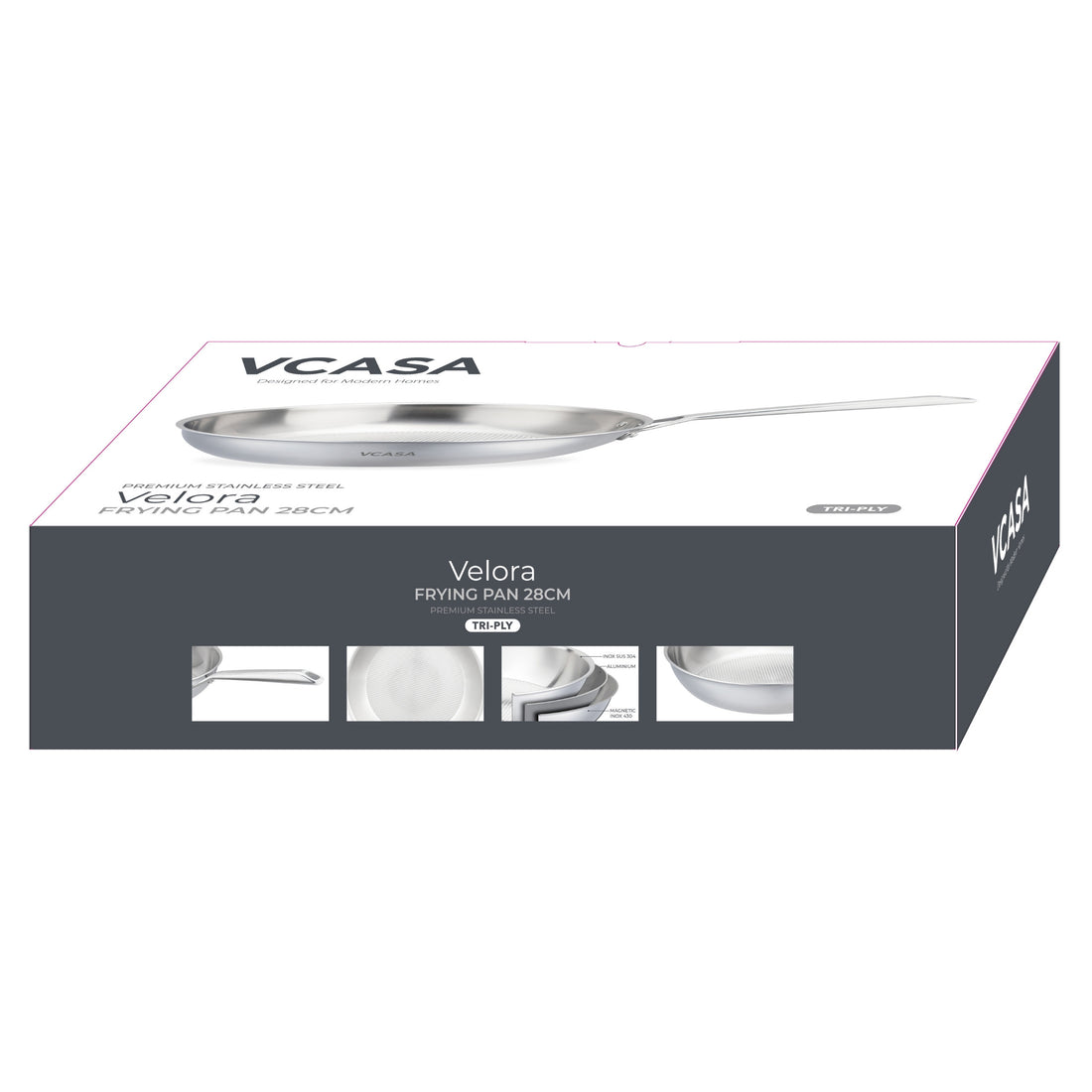 Vcasa rvs koekenpan 28 cm, 2,8 liter, tri-ply met honingraatstructuur, Velora