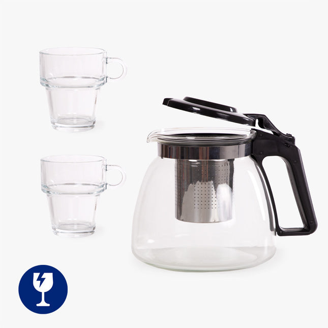 Theeset 3-delig: theepot 900 ml met 2 glazen kopjes van 270 ml – foto 2