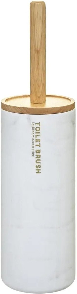 5Five toiletborstel met houder, wit marmereffect – bamboe deksel, 38 cm