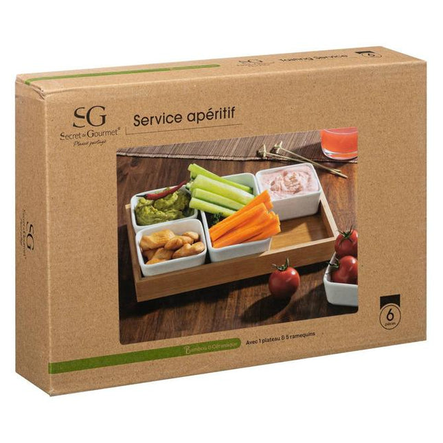 Secret de Gourmet bamboo porcelain appetizer set - 6 bowls + wooden tray