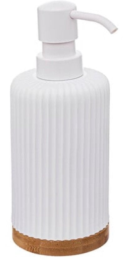 Badkamer accessoires set wit – zeepdispenser en tandenborstelhouder met bamboe – foto 2