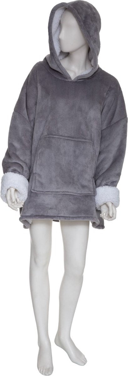 Hoodie plaid grijs – fleece deken met mouwen en capuchon, oversized