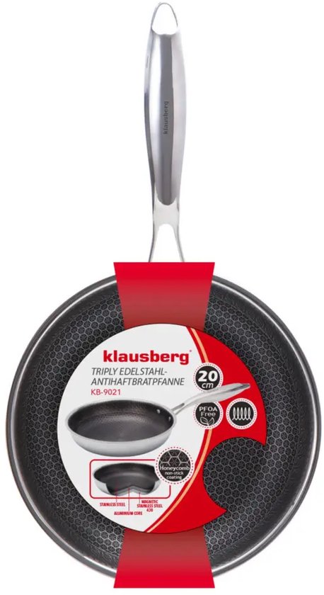 Klausberg 9021 - Koekenpan, antiaanbaklaag met honingraatstructuur - 20 cm - 3-laags - 304 roestvrij staal - PFOA-vrij