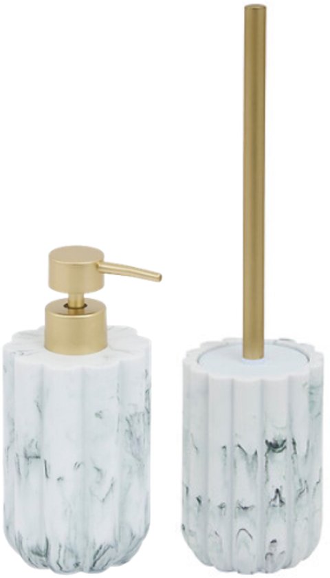 Badkamerset zeeppomp en toiletborstel – wit marmer, polyresin, 230 ml