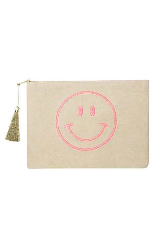 Smiley Make-up Tas - Beige & Roze Katoen Cosmetic Tasje (22 x 16 cm) - Met Kwastje & Borduursel - Ideaal voor Make-up, Sieraden of Reisaccessoires