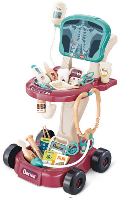 Dokters Speelset - Medische Trolley met EKG - Kinder Dokter Speelgoed - Stethoscoop - Thermometer & Accessoires - Rolstoel Speelset - Educatief & Leerzaam - voor 3+ jaar - 2 x AA-batterijen (niet inbegrepen) - Multicolor