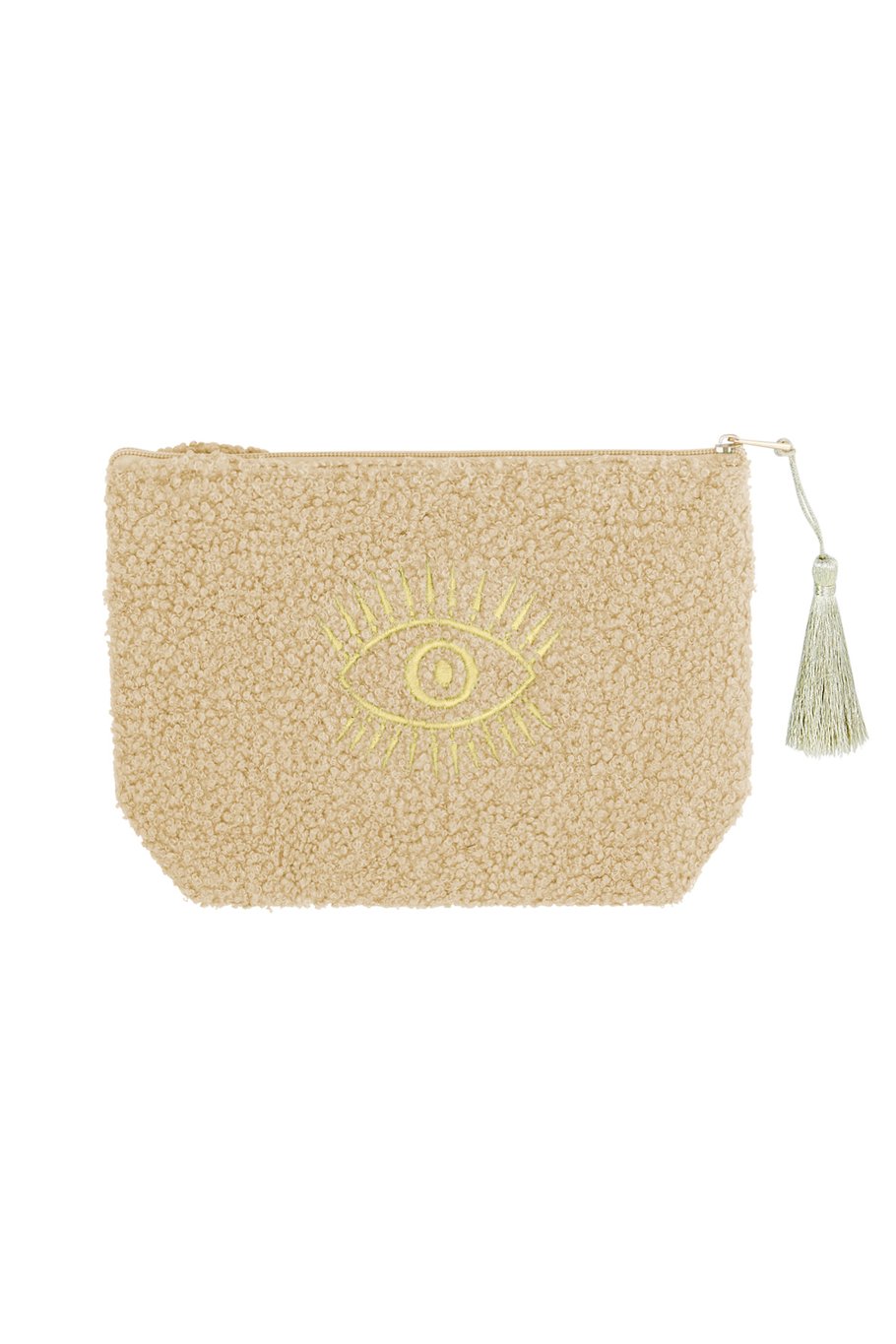 Make-up tas met gouden oog – beige toilettas met rits, 19,5 x 13,5 x 5,5 cm