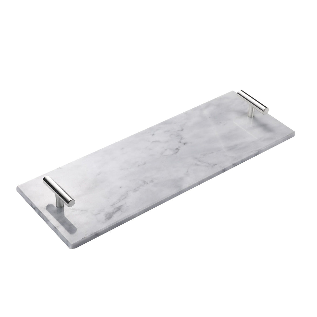 Marmeren dienblad met zilverkleurige handvatten – natuurlijk marmer, 40 x 14 cm